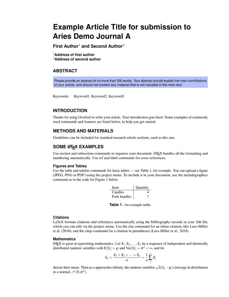 Example Article Title for submission to Aries Demo Journal A