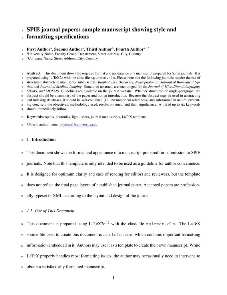 SPIE journal papers: sample manuscript showing style and formatting specifications